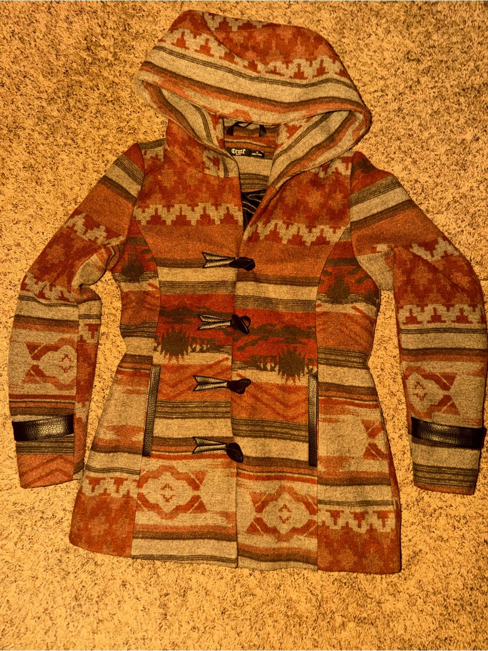 Vintage Hooded Aztec Toggle Coat in Rust & Tan